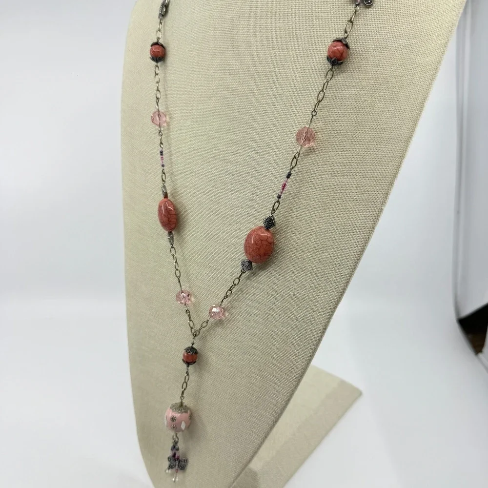 Pink Orange Beaded Butterfly Tassel Long Pendant Necklace Boho Cottagecore Y2K